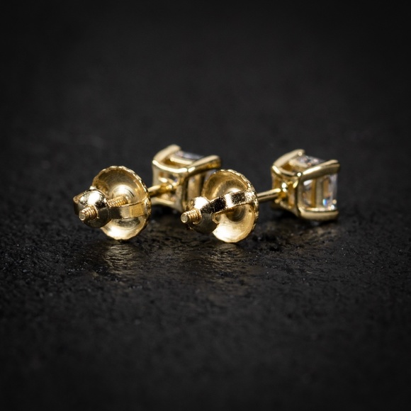 Mini Iced Princess Cut Gold Plated Stud Earrings - Picture 3 of 5